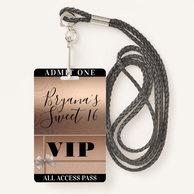 Shiny Rose Gold & Bow Sweet 16 Party VIP Pass Badge (Front with Lanyard)