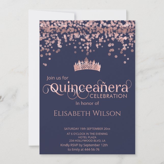 Shiny rose gold confetti  tiara Quinceañera navy Invitation (Front)