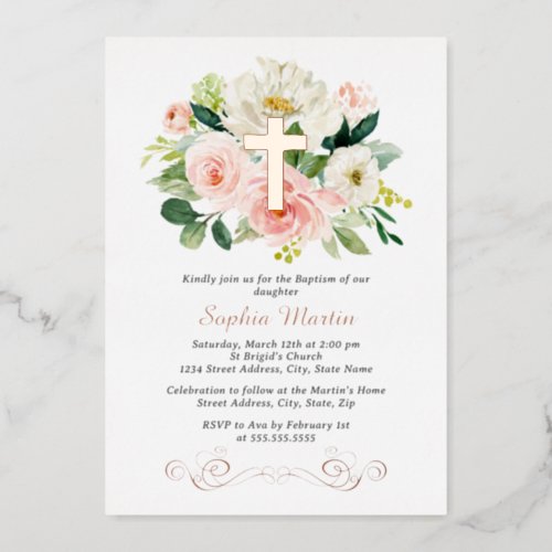 Shiny Rose Gold Cross Floral Girl Pink Baptism  Foil Invitation