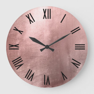Shiny Rose Gold Faux Foil Black Roman Numerals Large Clock