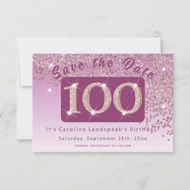 Shiny Rose Gold Glitter for 100th Birthday Save The Date (Front)