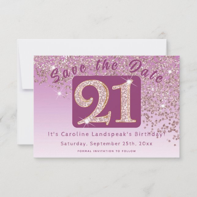 Shiny Rose Gold Glitter for 21st Birthday  Save The Date (Front)