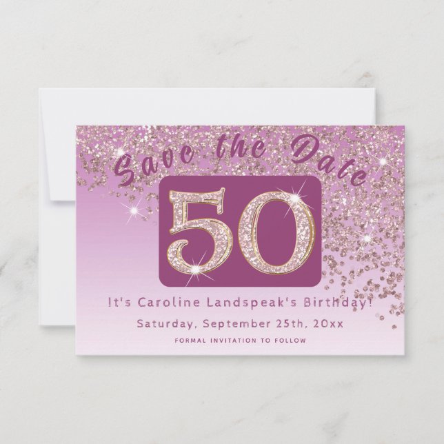 Shiny Rose Gold Glitter for 50th Birthday Save The Date (Front)