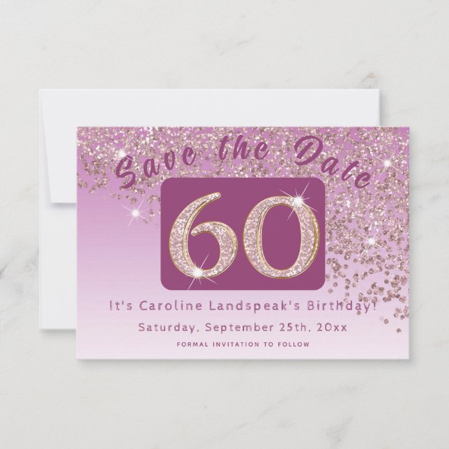 Shiny Rose Gold Glitter for 60th Birthday Save The Date (Front)
