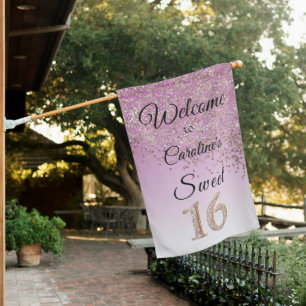 Shiny Rose Gold Glitter Sweet 16 Birthday Welcome House Flag
