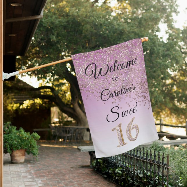Shiny Rose Gold Glitter Sweet 16 Birthday Welcome House Flag (In SItu)