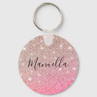 Shiny Rose Gold Pink Glitter Custom Name Monogram Keychain, Zazzle