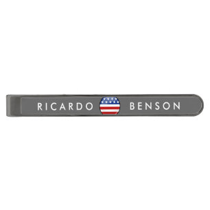 Shiny Round American Flag Gunmetal Finish Tie Clip