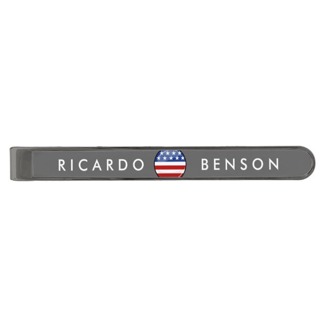 Shiny Round American Flag Gunmetal Finish Tie Clip (Front)