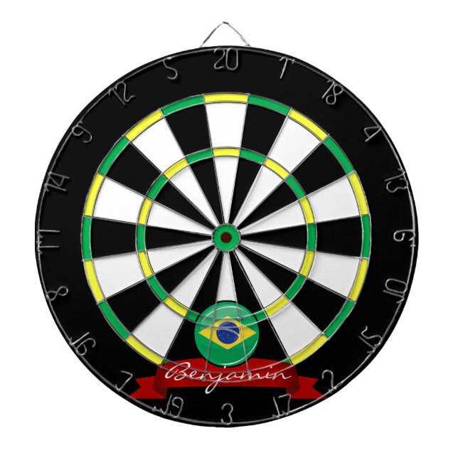 Shiny Round Brazilian Flag Dartboard With Darts (Front)