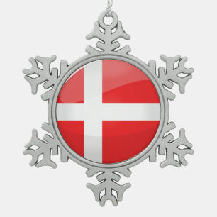 Shiny Round Denmark Flag Snowflake Pewter Christmas Ornament