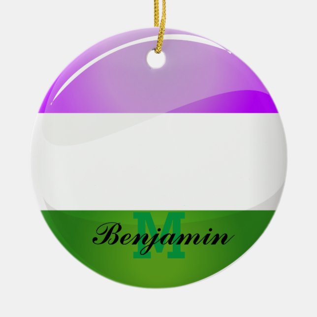 Shiny Round Genderqueer Flag Ceramic Ornament (Front)