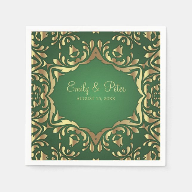 Shiny Royal Faux Gold Ornaments On Emerald Green  Napkins (Front)