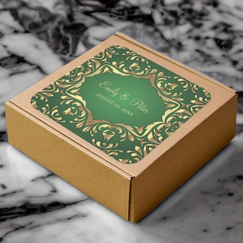 Shiny Royal Faux Gold Ornaments On Emerald Green Square Sticker