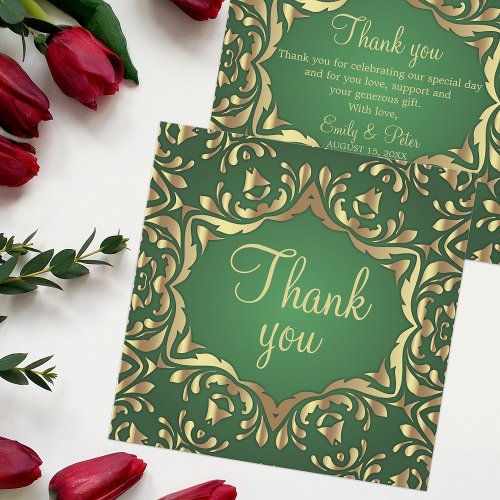 Shiny Royal Faux Gold Ornaments On Emerald Green Thank You Card