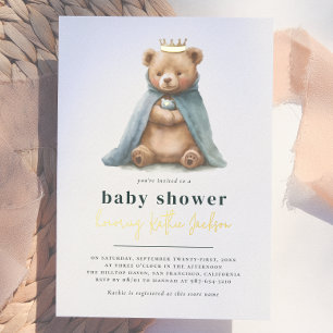 Shiny Royal Teddy Bear Prince Boy Baby Shower Foil Invitation