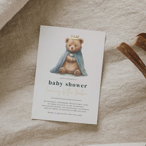 Shiny Royal Teddy Bear Prince Boy Baby Shower Foil Invitation