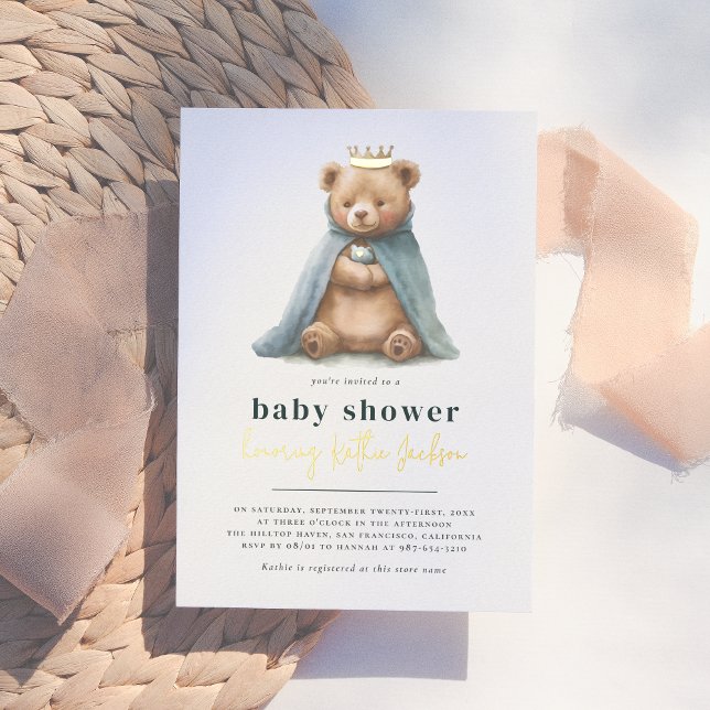 Shiny Royal Teddy Bear Prince Boy Baby Shower Foil Invitation (Creator Uploaded)