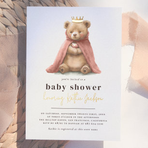 Shiny Royal Teddy Bear Princess Girl Baby Shower Foil Invitation