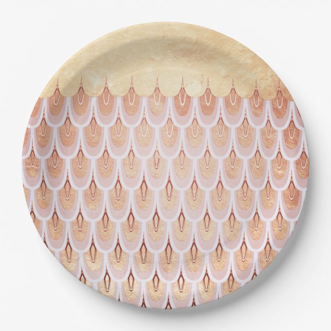 Shiny Salmon Pink Glitter Mermaid Fish Scales Paper Plates (Front)