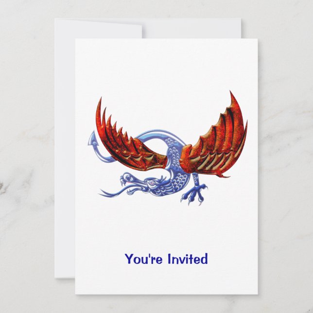 Shiny Scaly Blue Dragon with Fire Wings Invitation (Front)