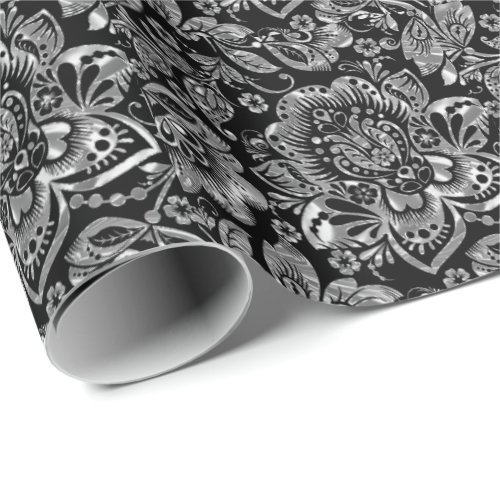 Shiny Silver Baroque Floral Damasks On White Wrapping Paper