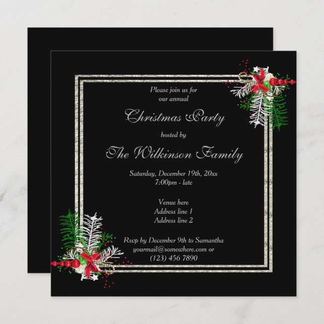Shiny Silver & Black, Corner Decorations Christmas Invitation (Front/Back)