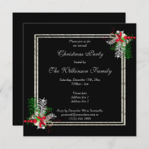 Shiny Silver & Black, Corner Decorations Christmas Invitation