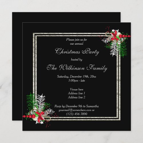 Shiny Silver  Black Corner Decorations Christmas Invitation