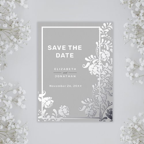 Shiny Silver Botanical Frame Wedding Save the Date Foil Invitation Postcard