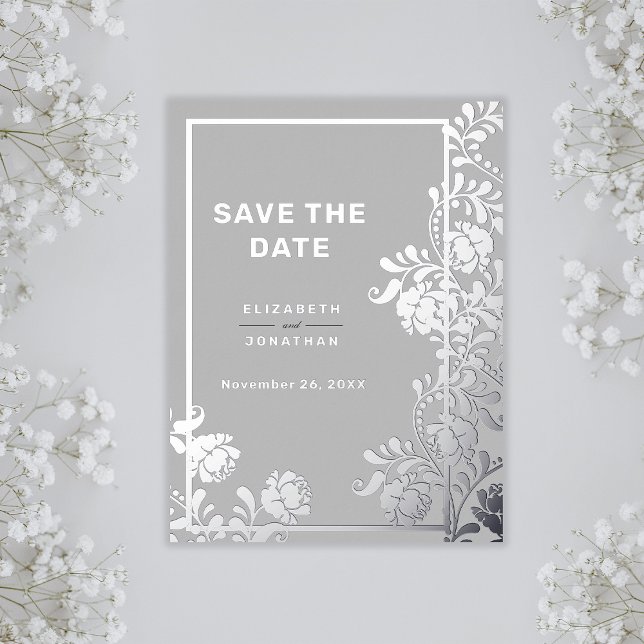 Shiny Silver Botanical Frame Wedding Save the Date Foil Invitation Postcard (Creator Uploaded)