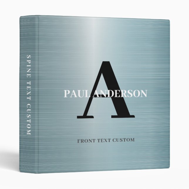 Shiny Silver Elegant Steel Metal Texture Monogram 3 Ring Binder (Front/Spine)