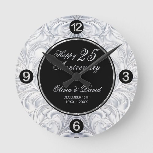 Shiny Silver Floral Damask  Round Clock