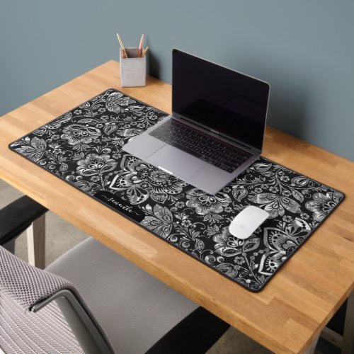 Shiny silver floral damasks on black monogram desk mat