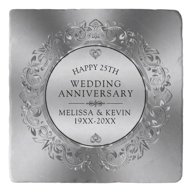 Shiny Silver Floral Frame 25th Wedding Anniversary Trivet (Front)