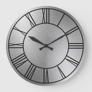Shiny Silver Foil Black Roman Numerals Large Clock