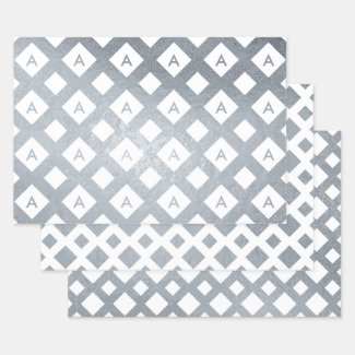 Shiny Silver Foil White Diamond Pattern Monogram Foil Wrapping Paper Sheets