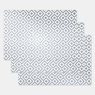 Shiny Silver Foil White Geometric Diamond Pattern Foil Wrapping Paper Sheets