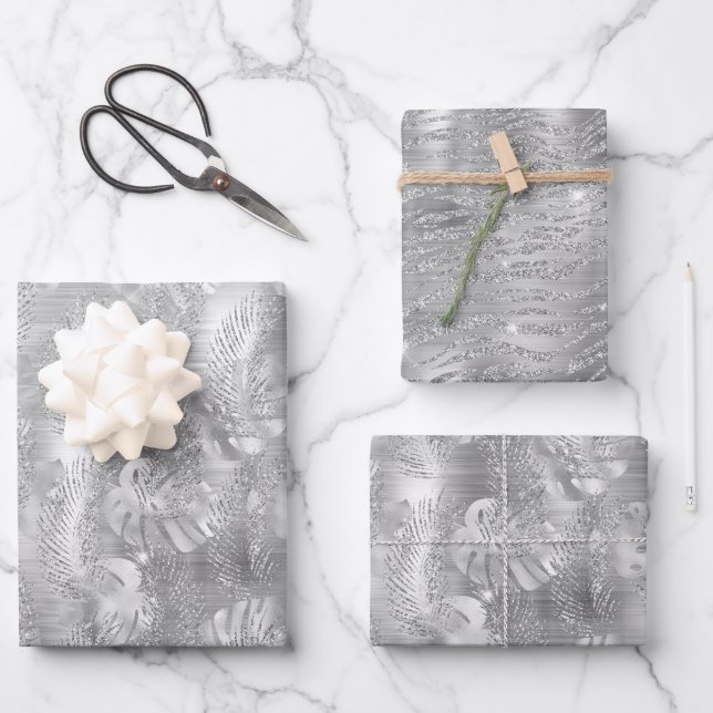Shiny Silver Glam Animal Print Wrapping Paper Sheets (Front)
