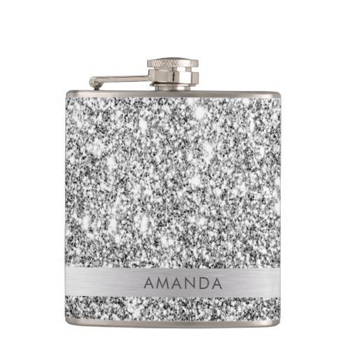 Shiny Silver Glitter Add Name Vinyl Wrapped Flask