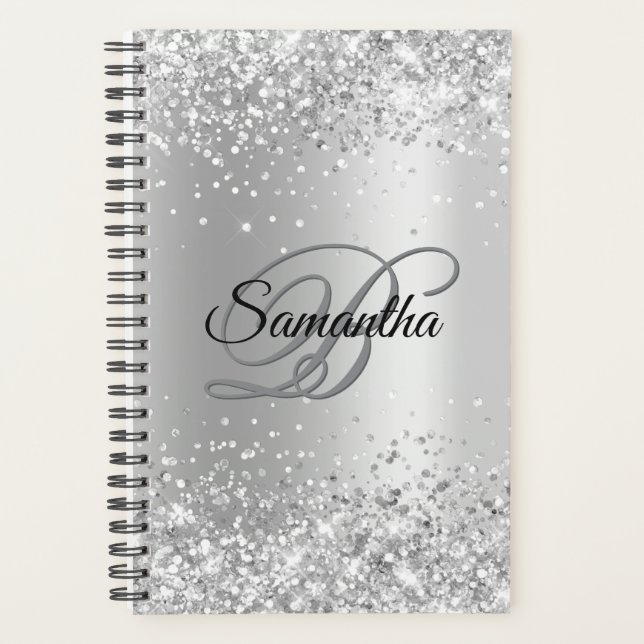 Shiny Silver Glitter Shimmer Foil Monogram Planner (Front)