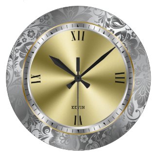 Shiny Silver & Gold Design Touch Of Damasks Large Clock