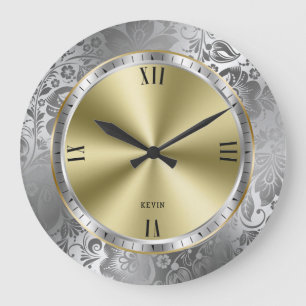 Shiny Silver & Gold Design Touch Of Damasks Large Clock