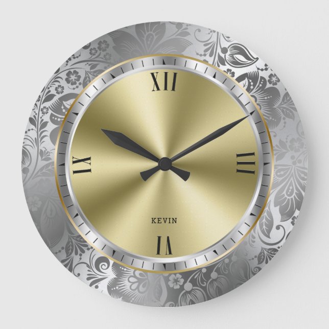 Shiny Silver & Gold Design Touch Of Damasks Large Clock (Front)