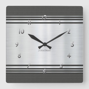 Shiny Silver Modern Geometric ​Mechanic Custom Square Wall Clock