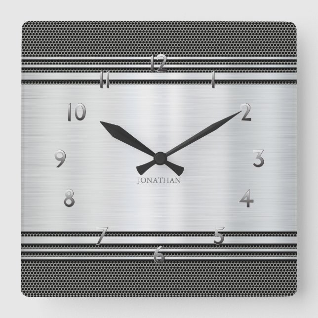 Shiny Silver Modern Geometric ​Mechanic Custom Square Wall Clock (Front)