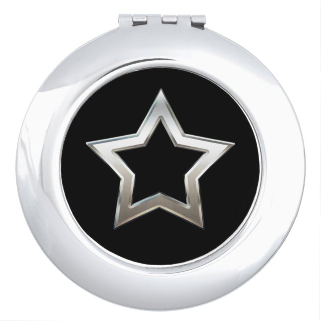 Shiny Silver Star Shape Outline Digital Design Compact Mirror (Front)