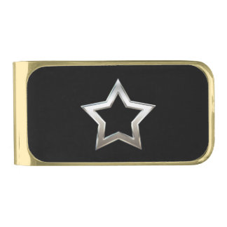 Shiny Silver Star Shape Outline Digital Design Gold Finish Money Clip