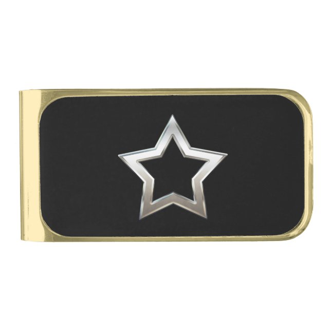 Shiny Silver Star Shape Outline Digital Design Gold Finish Money Clip (Front)