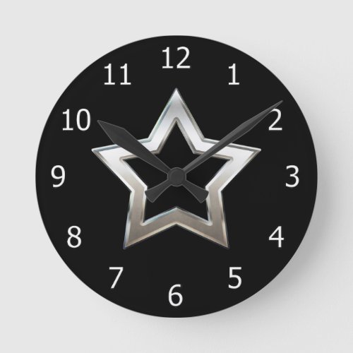 Shiny Silver Star Shape Outline Digital Design Round Clock
